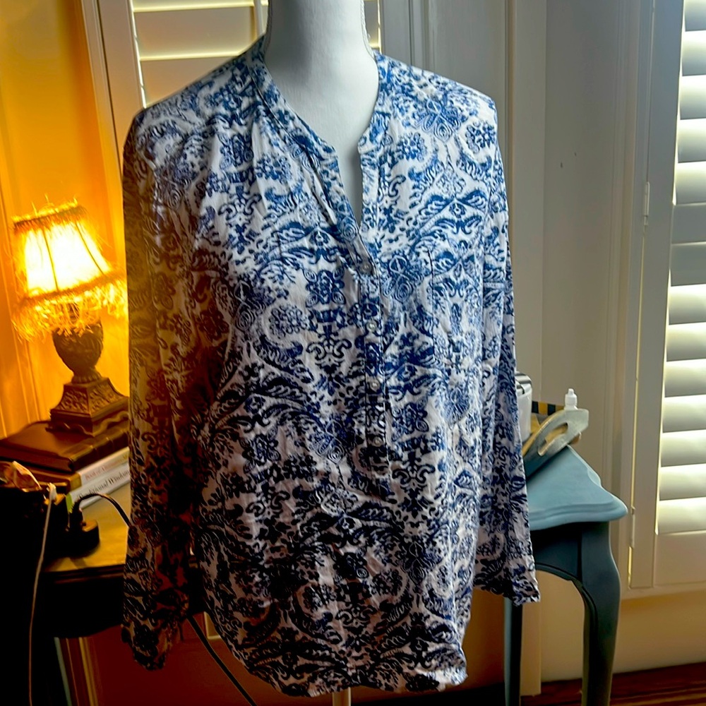 Chicos top in blue and white long sleeves size 3